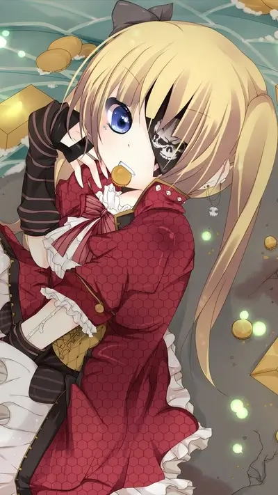 Girl pirate with eye patch eating a cookie