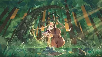 Girl playing cello in a forest