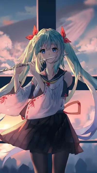 Girl playing flute at sunset