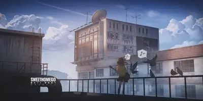 Girl playing guitar on rooftop overlooking city