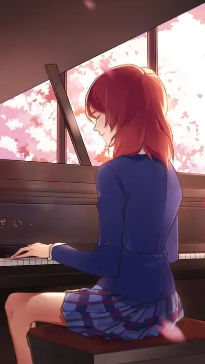 Girl playing piano by the window