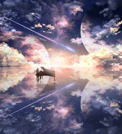 Girl playing piano in a dreamy sky