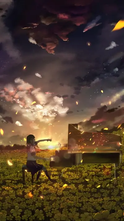 Girl playing piano in a field of flowers