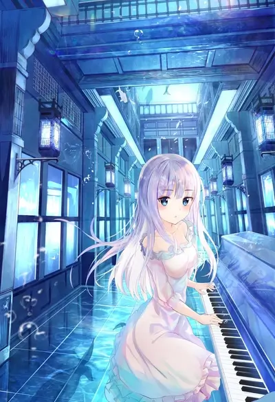 Girl playing piano in an underwater city