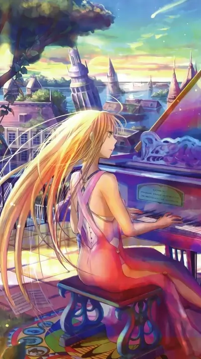 Girl playing piano on a balcony overlooking a city