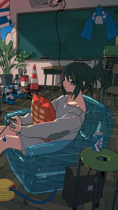 Girl playing video games in classroom