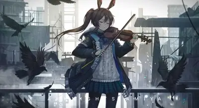 Girl playing violin in rainy city