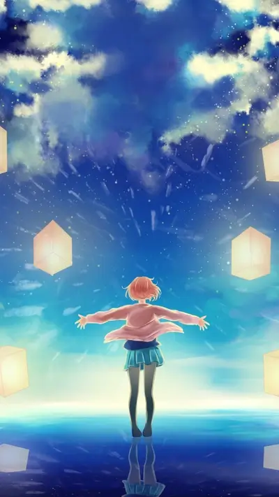 Girl reaching for glowing cubes in a sky with water reflection