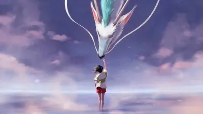 Girl reaching up to touch white dragon under purple sky