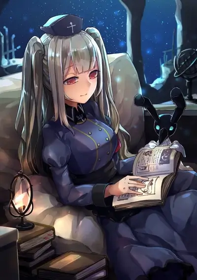 Girl reading a book in a night setting