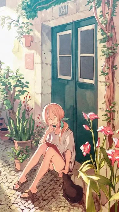 Girl reading a book in a sunlit courtyard