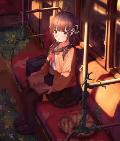 Girl reading a book on a train