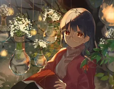 Girl reading a book under a tree with hanging light bulbs