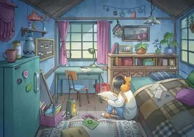 Girl reading a book with her cat in a cozy room