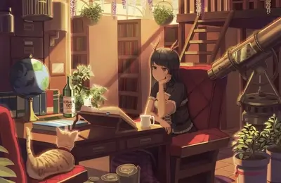 Girl reading book in a library