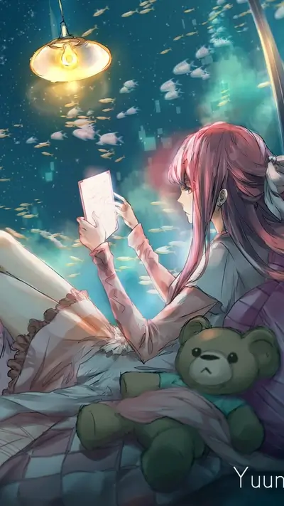 Girl reading book, teddy bear besides her, dreamy and surreal.