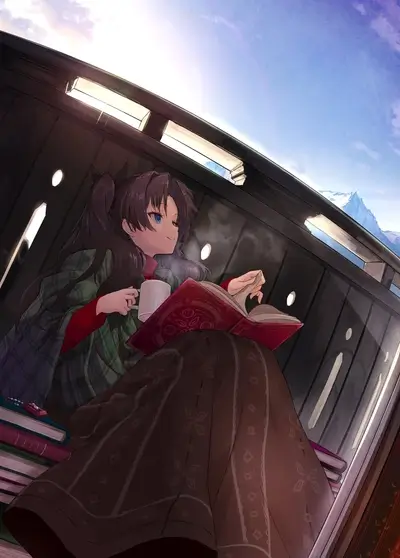 Girl reading book, warm drink, cozy setting