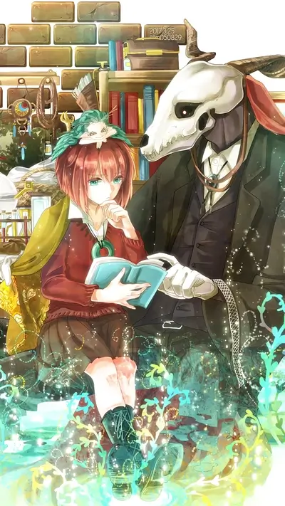 Girl reading with a skull-faced man