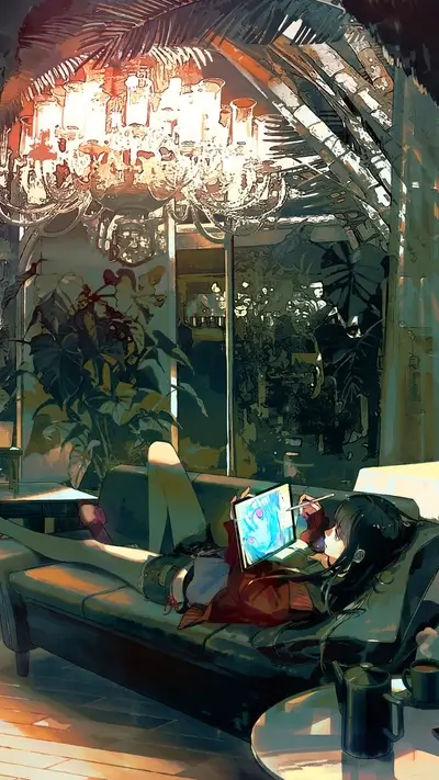 Girl relaxing on a couch, drawing on a tablet