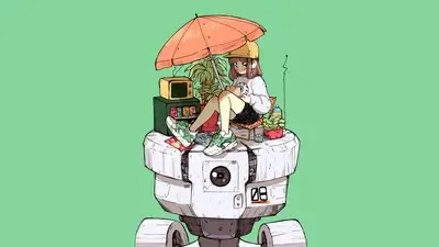 Girl relaxing on a robot with a parasol