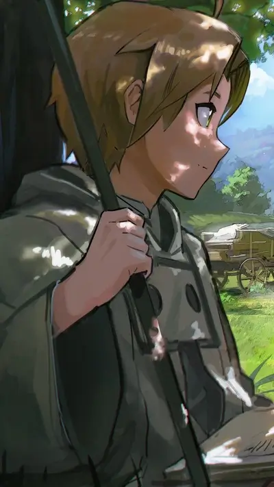 Girl resting with a staff and book, scenic background