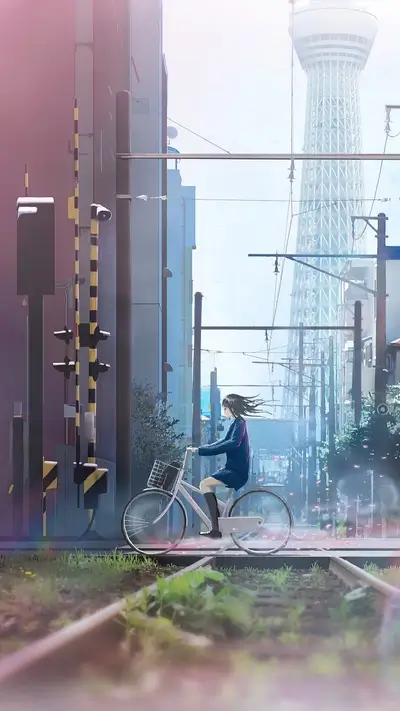 Girl riding bicycle on railroad tracks with Tokyo Skytree in the distance