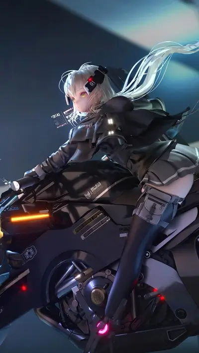 Girl riding futuristic motorcycle