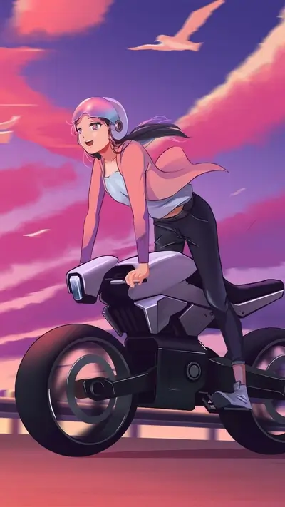 Girl riding motorcycle at sunset