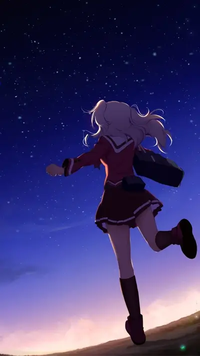 Girl running towards the starry night sky