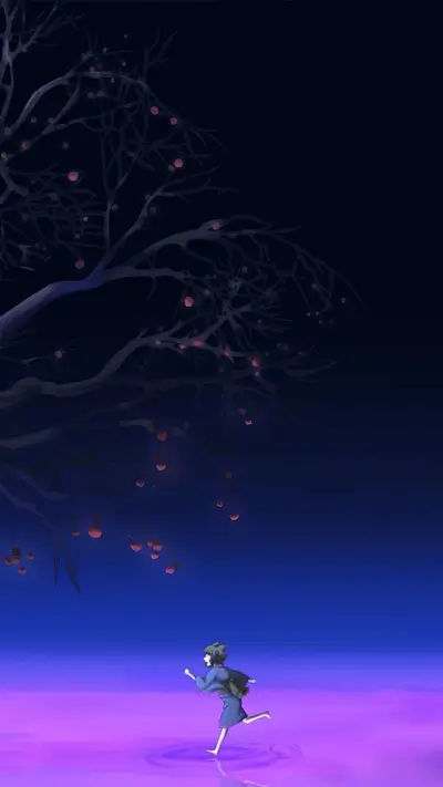 Girl running under a dark tree at night