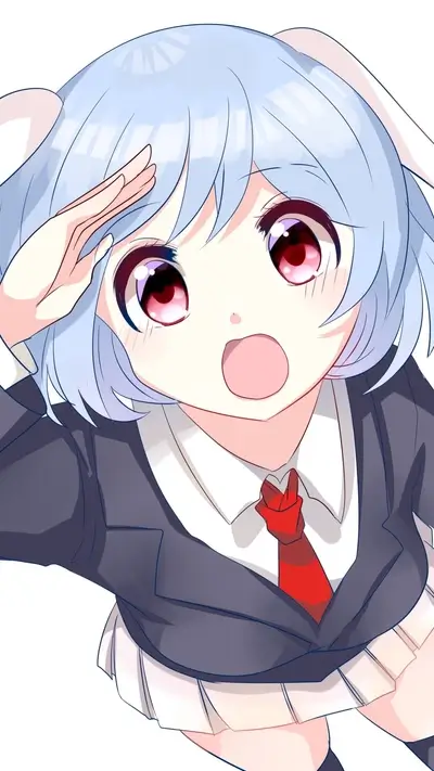 Girl saluting, light blue hair, red tie