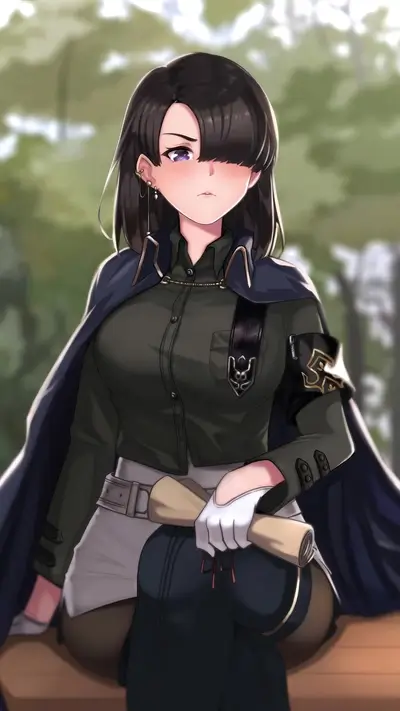 Girl seated, holding scroll, wearing military-inspired attire