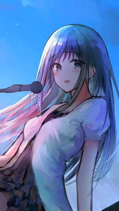 Girl singing into a microphone, light blue hair, soft pastel colors