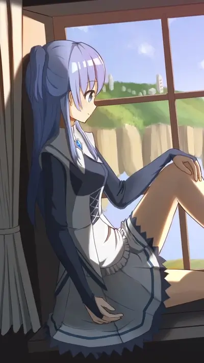 Girl sits by window looking out at landscape