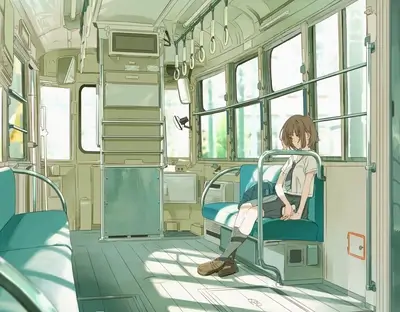 Girl sits in bus seat, wearing a uniform and backpack