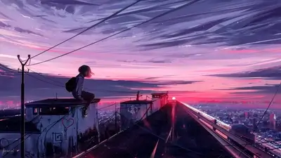 Girl sits on rooftop at sunset