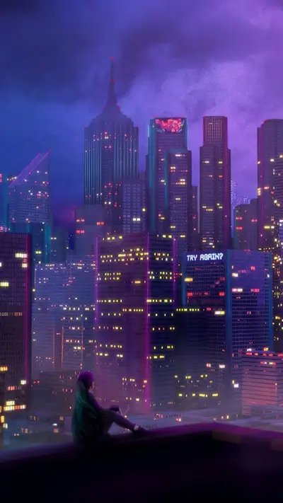 Girl sits on rooftop overlooking futuristic city at night