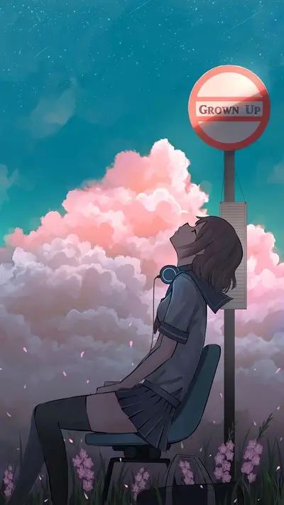 Girl sits under a grown up sign with pink clouds