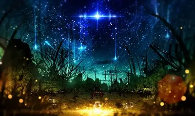 Girl sitting amidst ruins under a starry night