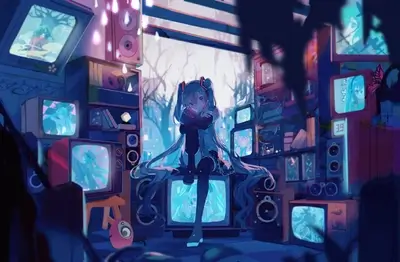 Girl sitting amidst vintage electronics and screens