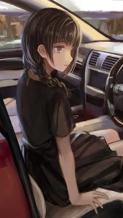 Girl sitting in a car, looking out the window