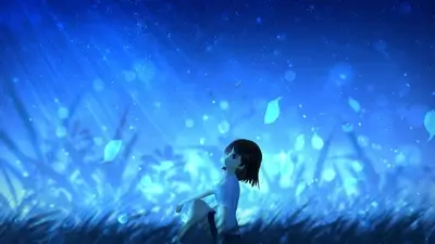Girl sitting in glowing grass under a blue night sky
