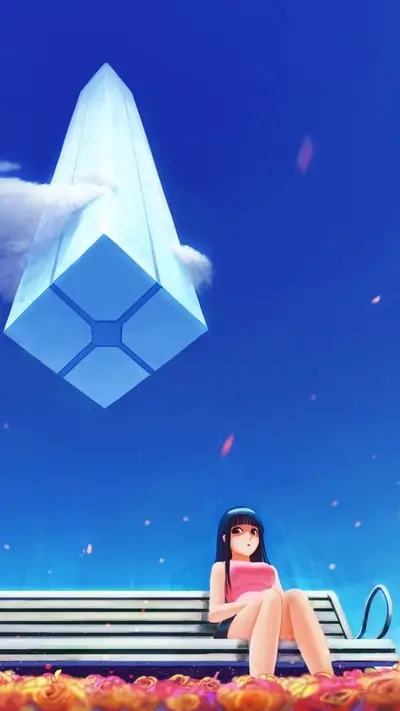 Girl sitting on a bench under a floating cube