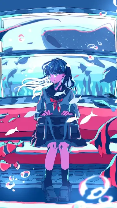 Girl sitting on a bench, watching fish