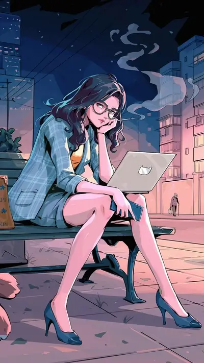 Girl sitting on a bench with a laptop at night in the city