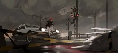 Girl sitting on a car at a railroad crossing