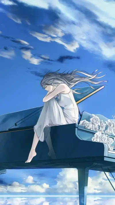 Girl sitting on a grand piano in the sky