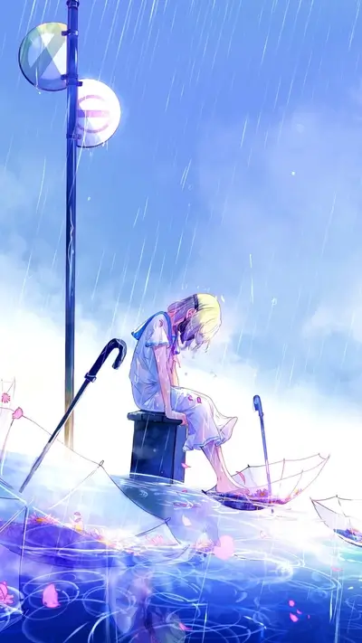 Girl sitting on a pier in the rain