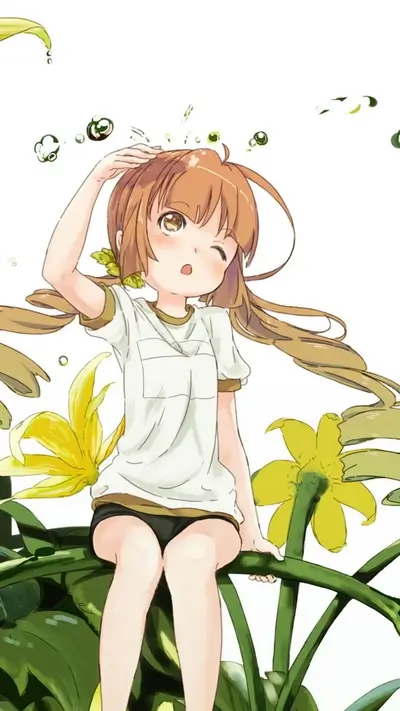 Girl sitting on a plant, water droplets around her