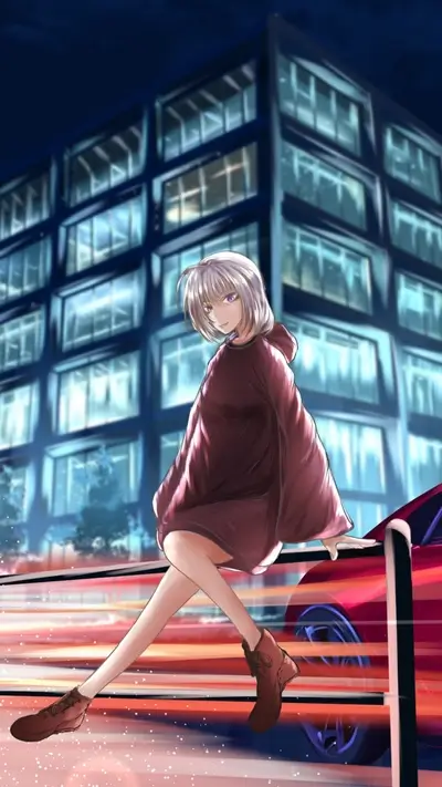 Girl sitting on a railing at night